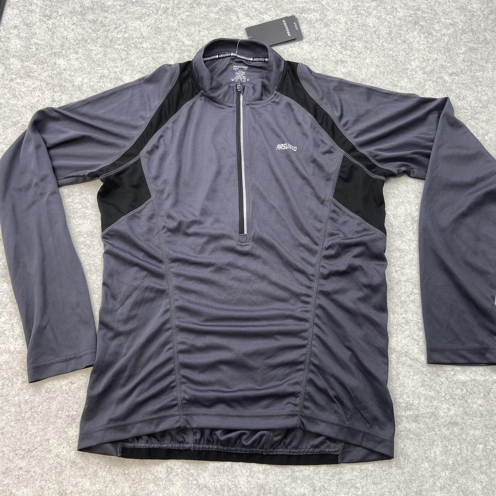 Arsuxeo Cycling Shirt Mens Medium Gray 1/4 Zip Long Sleeve Jersey Bike